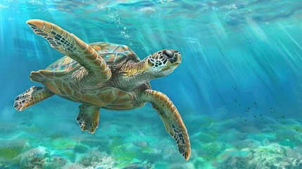 Obraz premium Sea Turtle Swimming Through Sunbeams.