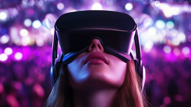 Person attending a virtual music festival, surrounded by digital stages, lights, and a vibrant crowd