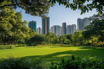 Urban park with skyscrapers, green lawn and lush trees