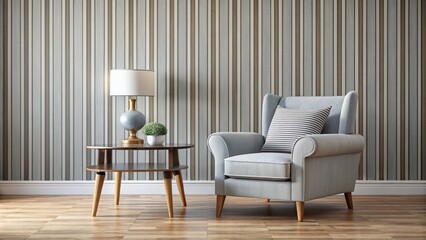 Modern living room featuring a striped table and classic armchair, modern, living room, interior design