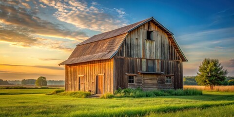 Obraz premium Rustic small wooden barn house in countryside setting, cabin, village, rural, quaint, cottage, cozy, wood, traditional
