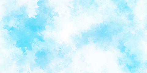 Abstract grunge tint light blue watercolor background. blue sky with cloud .Beautiful blue sky with white clouds. Blue watercolor splash stroke background with clouds. cumulus clouds formation in blue