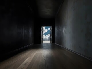 Surreal Abstract Hallway with Clouds Flying - Perfect for Inspirational, Motivational Backgrounds, Geometric Art, and Metaphorical Design