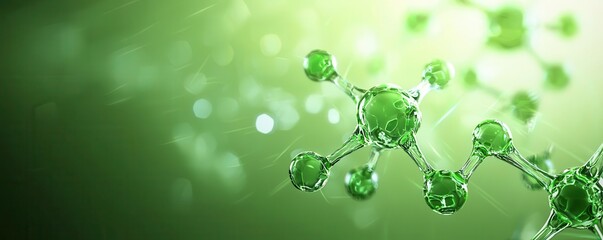 Abstract green molecular structure with fluid wave patterns, modern sustainable biotechnology