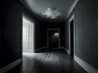 Fototapeta premium Surreal Abstract Hallway with Clouds Flying - Perfect for Inspirational, Motivational Backgrounds, Geometric Art, and Metaphorical Design