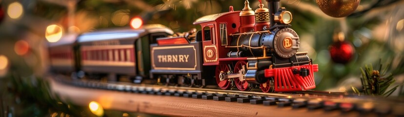 Fototapeta premium Toy train running around the Christmas tree
