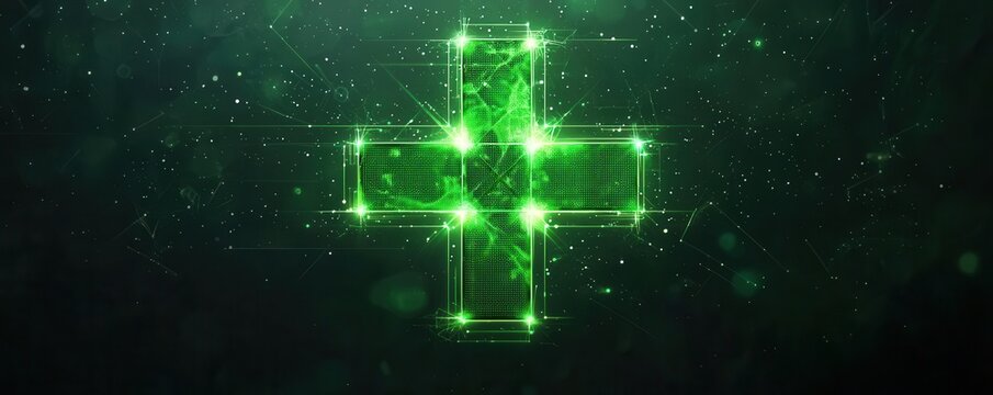 Abstract green medical cross with light beams, futuristic eco-health and wellness