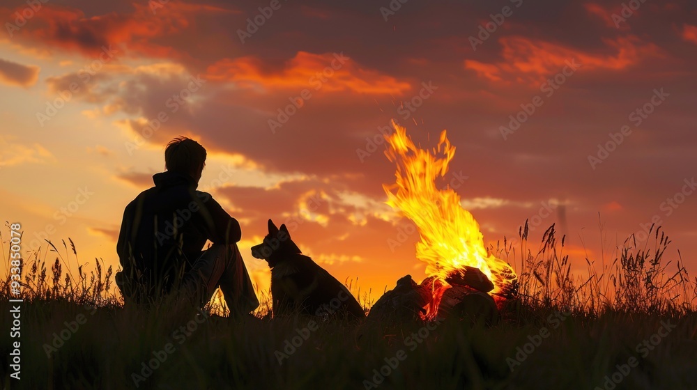 Poster Silhouette of a man and his dog by a campfire with a sunset sky.