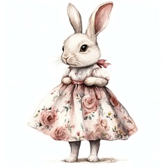 Obraz premium An adorable illustrated bunny wearing a floral dress, perfect for children's book covers, greeting cards, and nursery decor,