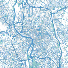 Map of Toulouse in France in blue. Contains layered vector with roads water, parks, etc.