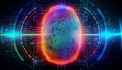Obraz premium Holographic fingerprint scanner on a futuristic interface, representing business technology security, clean and modern.