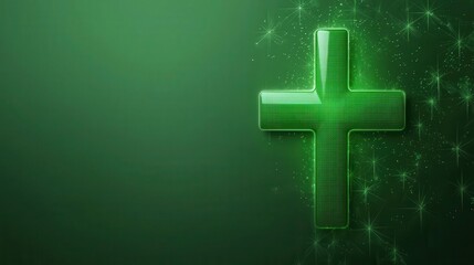 Obraz premium Green abstract medical cross with light effects, futuristic sustainable healthcare symbol