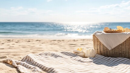 Naklejka premium Beach picnic setup with a blanket, basket, and snacks overlooking the ocean and a bright, sunny day
