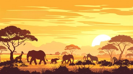 Silhouette of African animals at sunset.