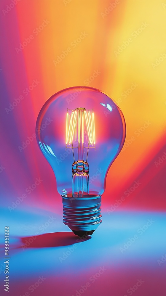 Poster light bulb illuminated against colorful gradient background, abstract concept
