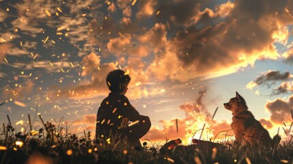 Obraz premium Silhouettes of a person and a dog sitting by a campfire under a fiery sky.