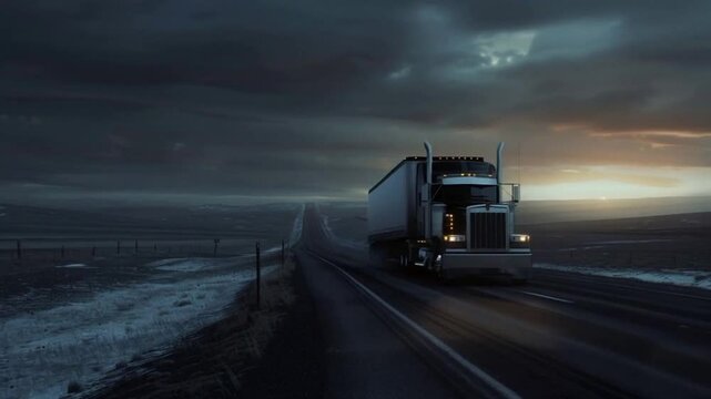 Electro eco Truck big lorry cargo transportation Large van drive on highway on cold day. Road way logistic delivery. Trucker driver move Cargo Container Freight Long distance freight.