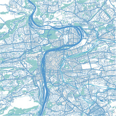 Map of Prague in Czech Republic in blue. Contains layered vector with roads water, parks, etc.