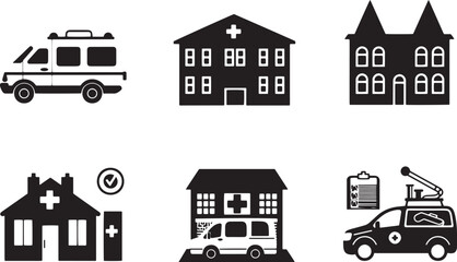 A minimalist vector icon set with a hospital building, ambulance, medical report, and blood test 