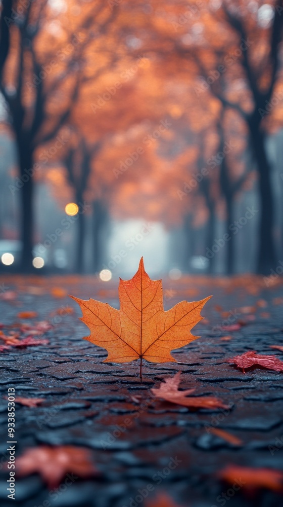 Poster a single autumn leaf lies quietly on the ground, surrounded by a canopy of colorful trees, creating 