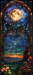 An enchanting moonlit night scene with a stained glass window and vibrant flowers in full bloom.