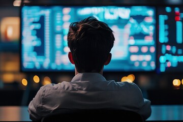 Rear view of a young man sitting in front of a monitor with stock market data with generative ai