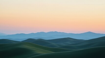 Obraz premium Rolling hills at dawn, peaceful landscape. Nature tranquility and serene beauty concept