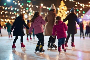 Families and friends enjoying ice skating during a festive evening at a busy outdoor rink surrounded by twinkling lights and a Christmas tree