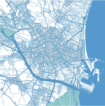 Map of Valencia in Spain in blue. Contains layered vector with roads water, parks, etc.