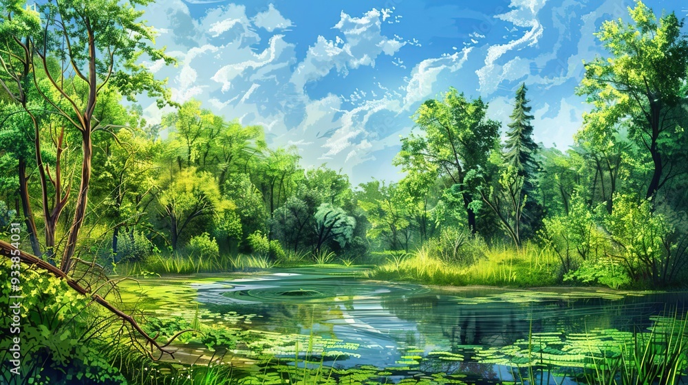 Poster Lush Green Forest Landscape with a Tranquil Pond Illustration