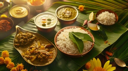 An inviting spread of delectable dishes including rice, flavorful curries, and assorted condiments arranged artistically on fresh banana leaves