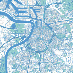 Map of Antwerp in Belgium in blue. Contains layered vector with roads water, parks, etc.