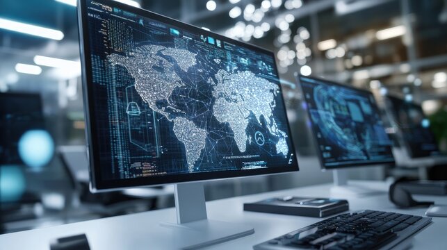 Futuristic workspace with holographic displays, AI assistants, and remote collaboration tools