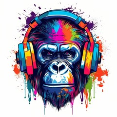 Colorful gorilla wearing headphones with a vibrant paint splash backdrop