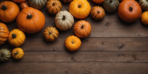 Top view of a rustic wooden table adorned with different decorative pumpkins creating an autumnal composition perfect for Halloween or Thanksgiving decoration with copy space image.