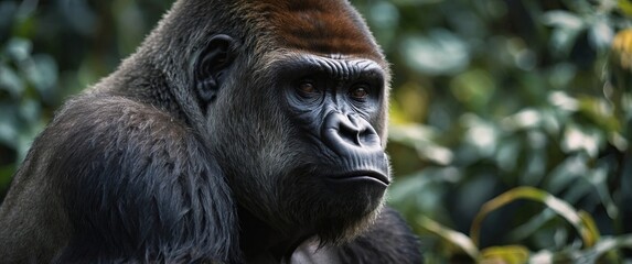 Fototapeta premium A gorilla stares into the distance with other gorillas in the background.