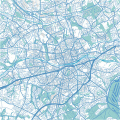 Map of Essen in Germany in blue. Contains layered vector with roads water, parks, etc.