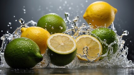 Lemons and limes piled with water splashing.