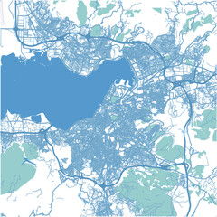Map of Izmir in Turkey in blue. Contains layered vector with roads water, parks, etc.
