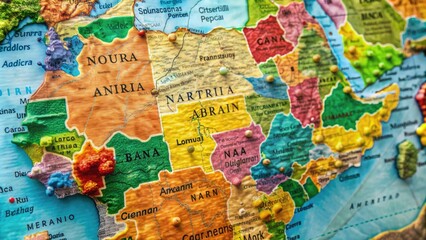 Naklejka premium Vibrant colorful map of Nigeria with geographical features, cities, and borders, highlighting the country's diverse regions and cultural heritage in West Africa.