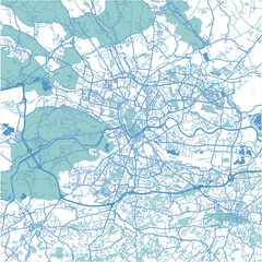 Map of Krakow in Poland in blue. Contains layered vector with roads water, parks, etc.
