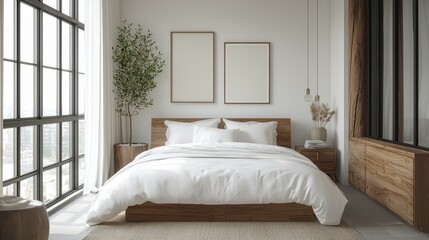 Watercolor Scandinavian-style bedroom with crisp white linens and wooden accents.