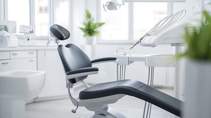 Minimalist dental clinic with modern black chair, white walls, and potted plant, clean and professional healthcare environment, Generative AI