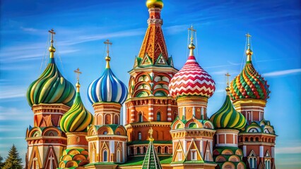 Obraz premium Vibrant colorful onion domes of majestic St. Basil's Cathedral rise above Red Square in Moscow, Russia, on a sunny day with clear blue skies.