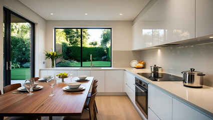 Fototapeta premium Home kitchen interior with dinner table and cooking cabinet