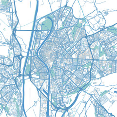 Map of Sevilla in Spain in blue. Contains layered vector with roads water, parks, etc.
