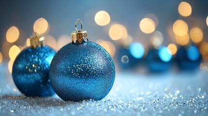 Sparkling blue ornaments on snowy surface with golden bokeh lights