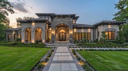 Obraz premium Stunning luxury home with contemporary design, elegant lighting, and lush landscaping in a picturesque setting.