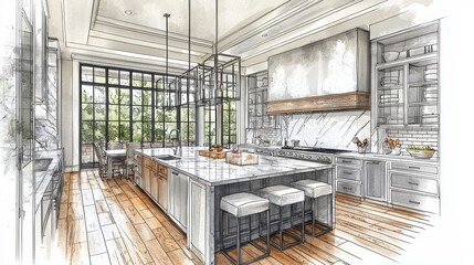 Lamas personalizadas para cocina con tu foto Watercolor contemporary kitchen with a large island and bar stools.