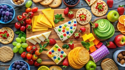 Vibrant colorful stickers decorate a wooden cutting board surrounded by fresh fruits, cheese, and gourmet crackers, creating a playful and appetizing snack arrangement.